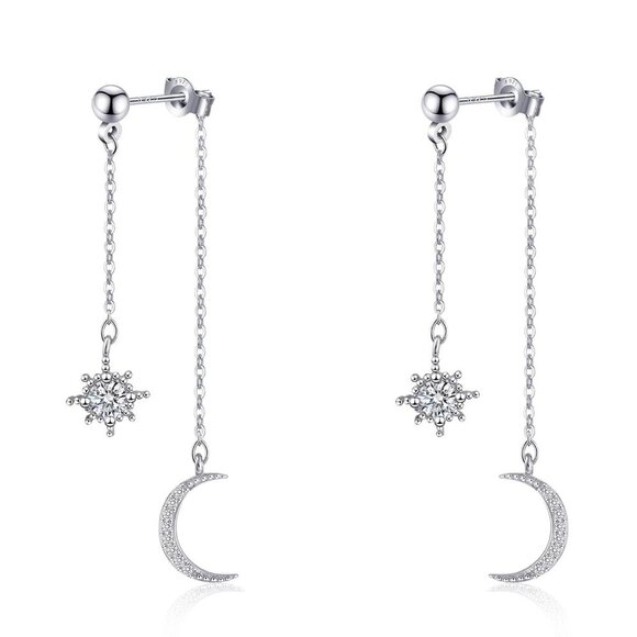 925 Sterling Silver Moon Star Earrings for Women Crescent Dangle with Cubic Zirc - Picture 1 of 7